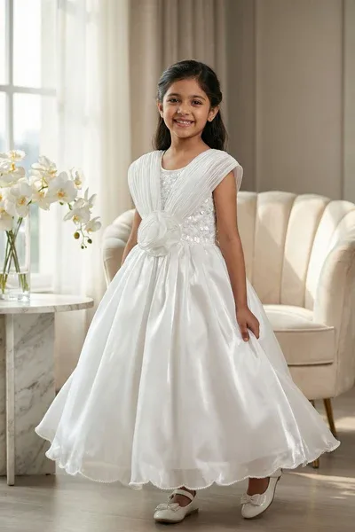 Designer White Embellished Rosette Party Gown For Girls